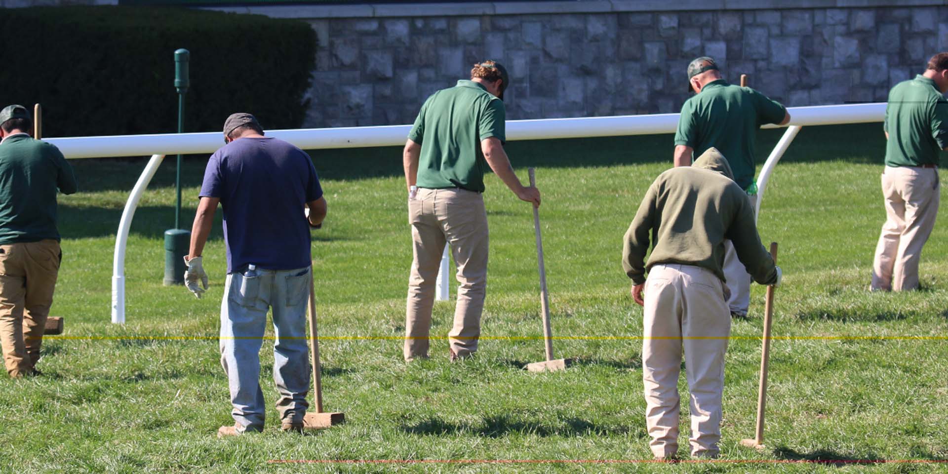 An action shot of Keenfieldview team members tamping down turf divots.
